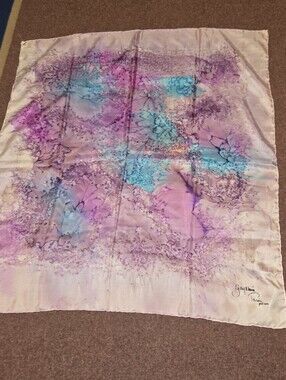 Vintage Parisian Abstract Tie-dye Purple, Blue Pink Silk Scarf 29x31